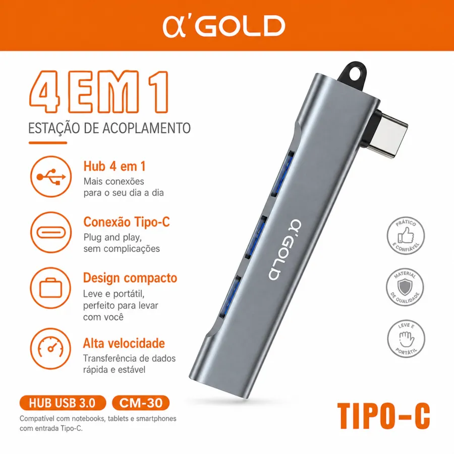 α'GOLD 4合1 USB-C集线器，支持多种接口，便携设计
