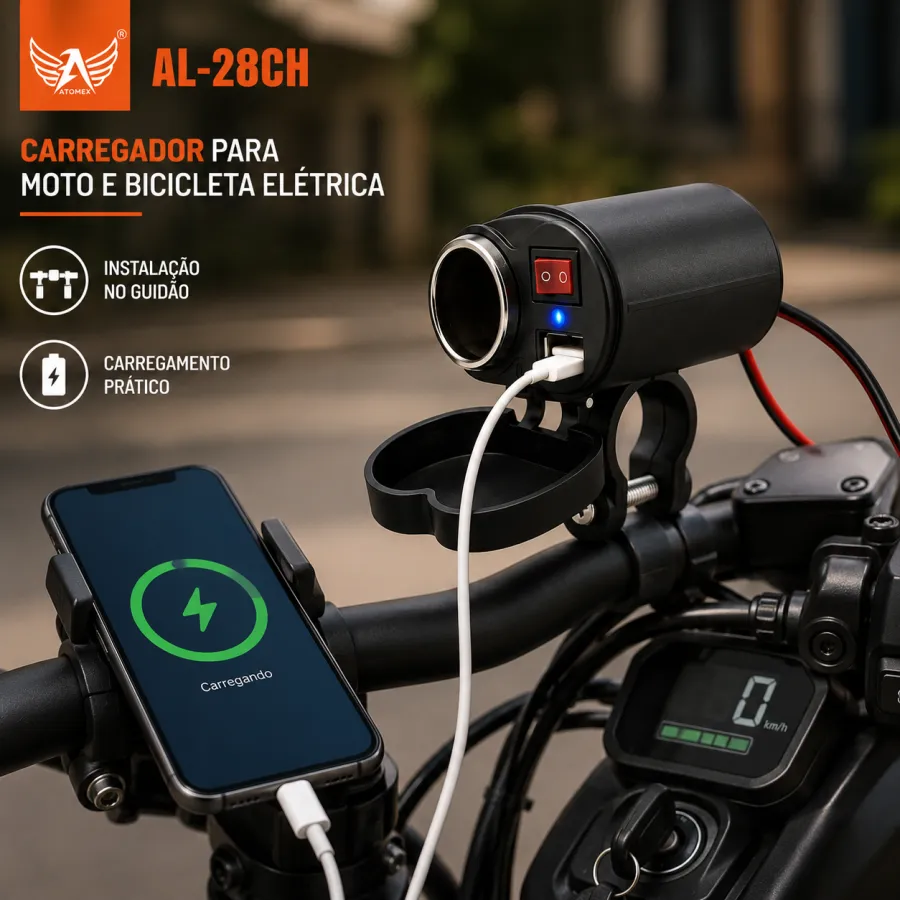 车载充电器 AL-28CH，适用于摩托车、电动车，黑色，便携设计