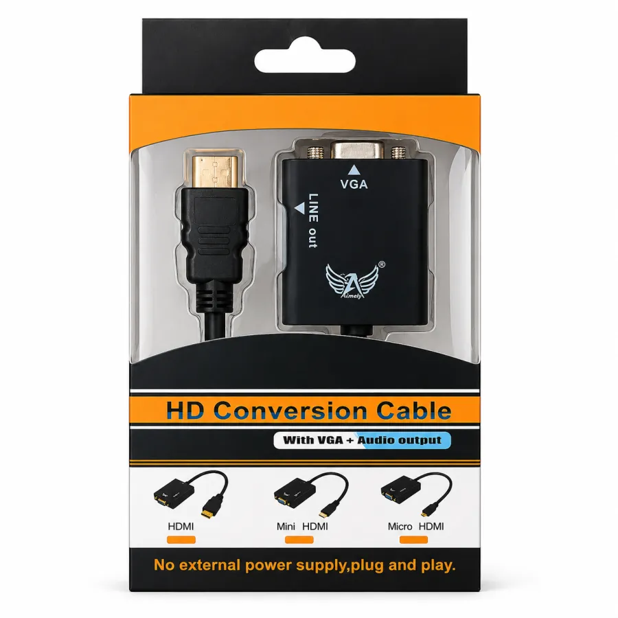HD转换线，支持VGA和音频输出，适用于HDMI、Mini HDMI和Micro HDMI接口