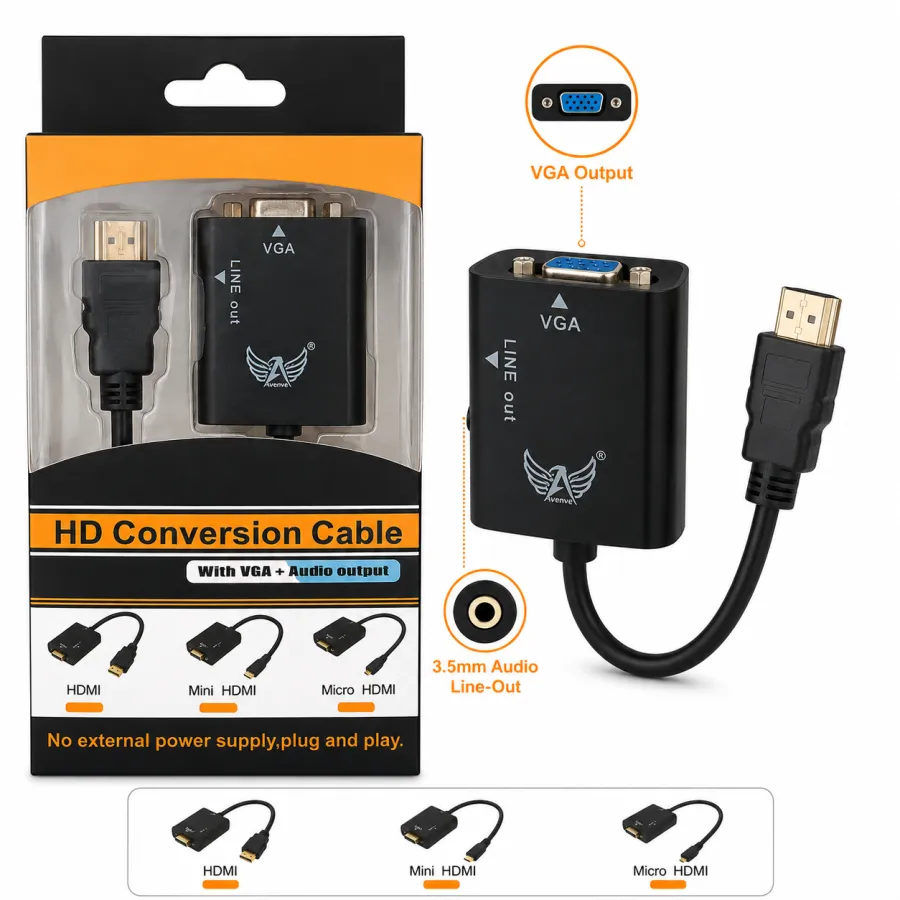 HD转换线，支持VGA和音频输出，适用于HDMI、Mini HDMI和Micro HDMI接口