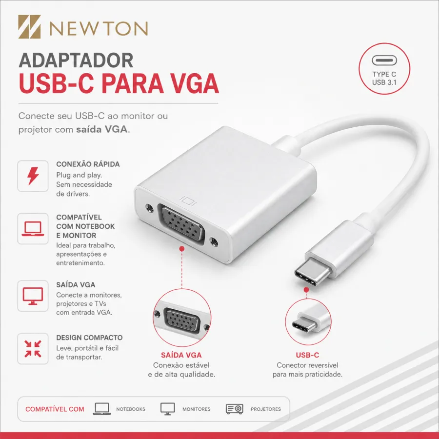 NEWION USB-C转VGA适配器，支持USB 3.1，便携设计