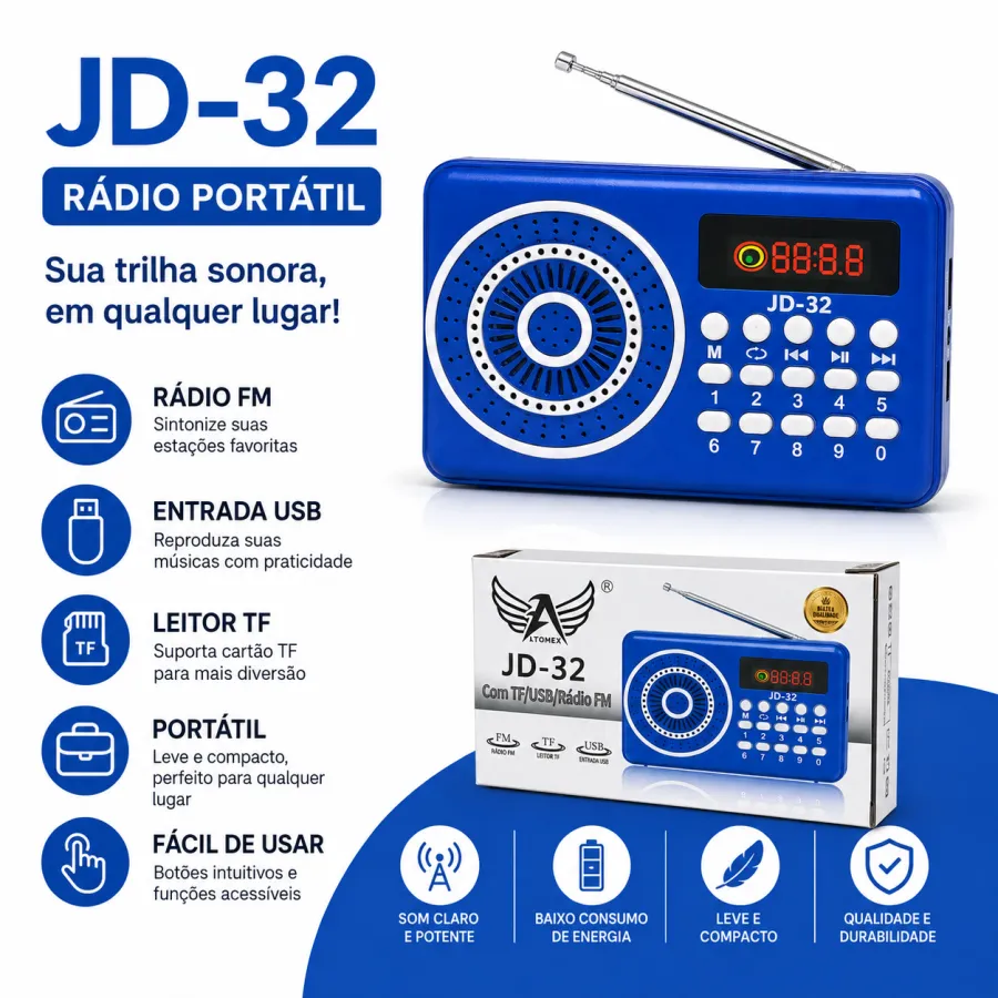 JD-32收音机，支持TF卡/USB，蓝色，便携式，FM调频