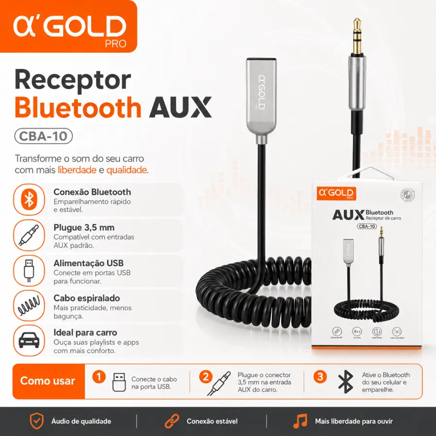 αGOLD AUX蓝牙接收器 CBA-10，适用于音频设备，便携设计，黑色
