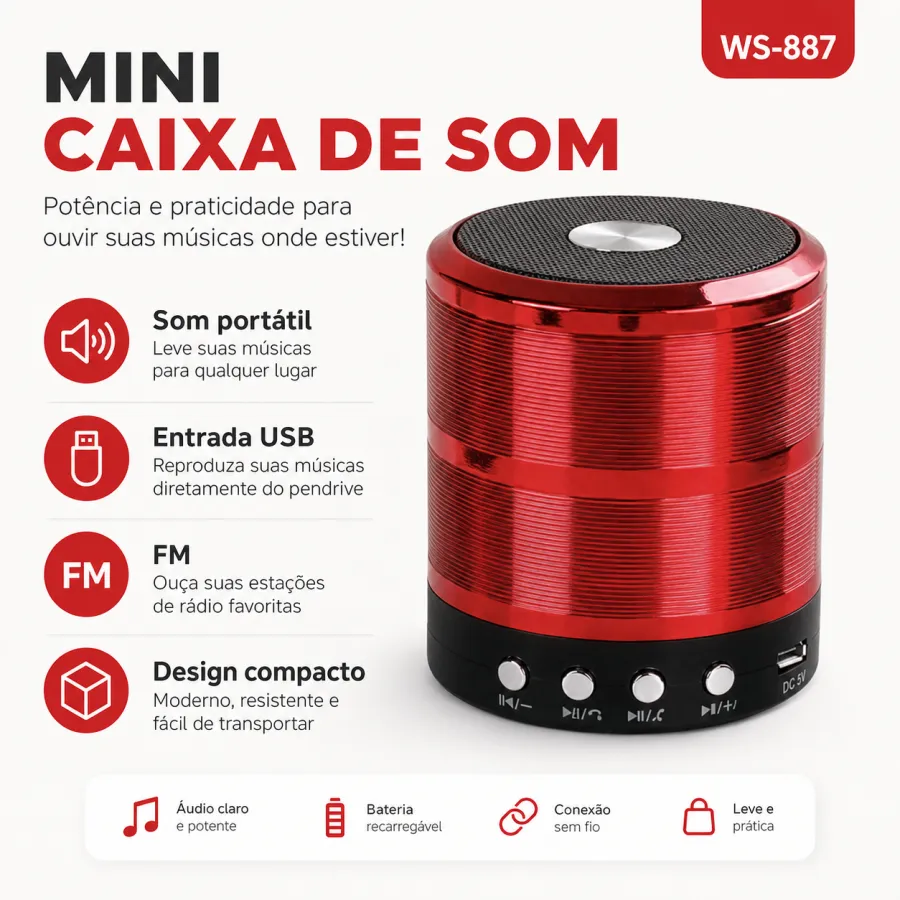 WS-887迷你蓝牙音箱，USB充电，FM收音，红色