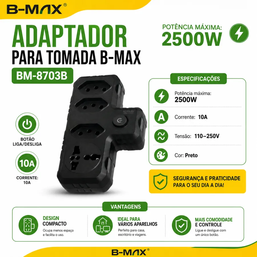 B-MAX 2500W插座适配器，10A，适用于多种设备