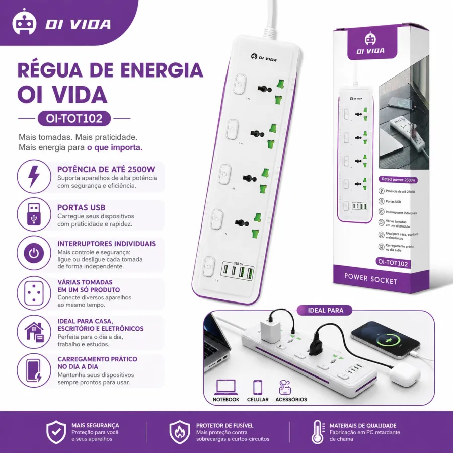 DI VIDA 排插 OI-TO102，5位插孔，带过载保护，白色