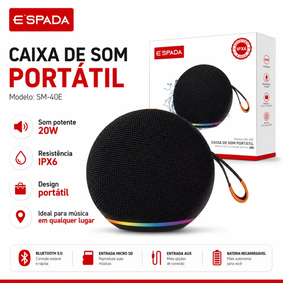 ESPADA 20W便携式蓝牙音箱，IPX6防水，黑色