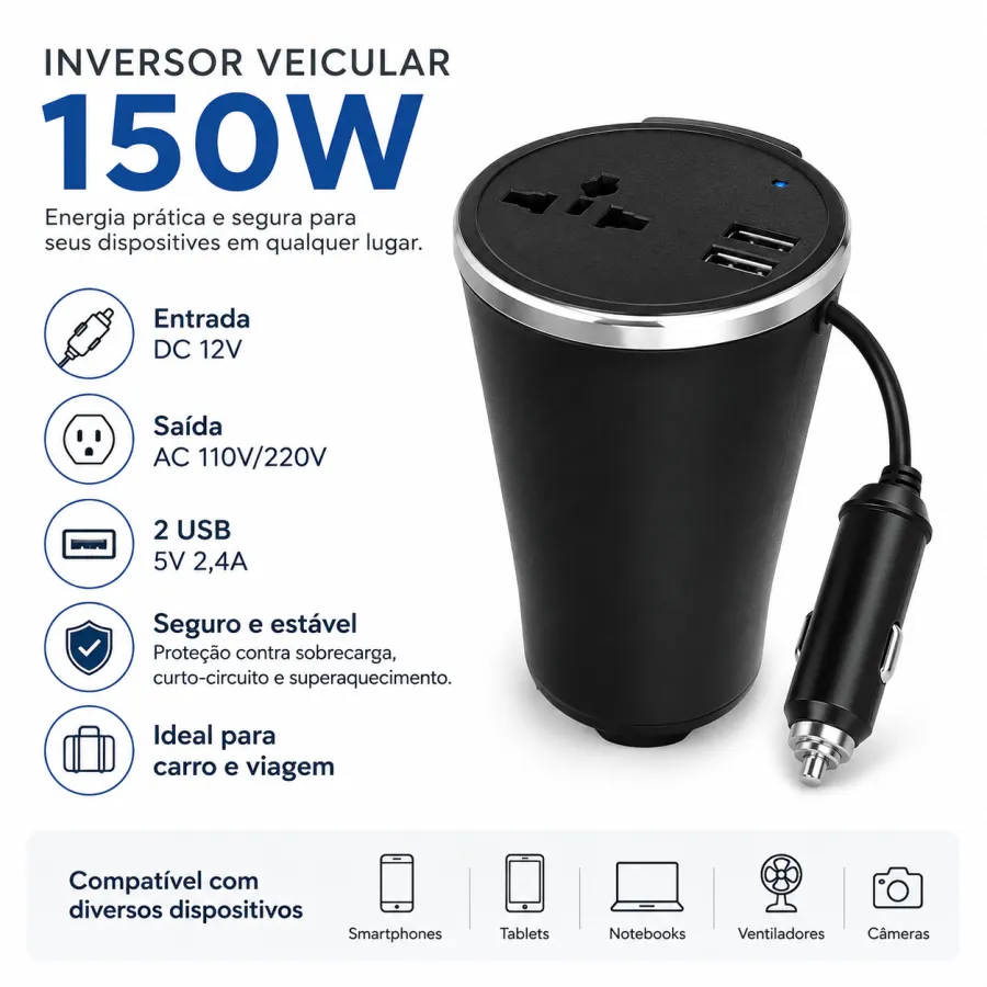 150W车载逆变器，DC 12V转AC 110V/220V，USB 5V 2400mA*2