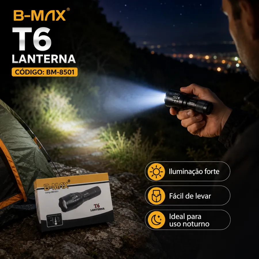 B-MAX T6手电筒，强光LED，便携式，黑色