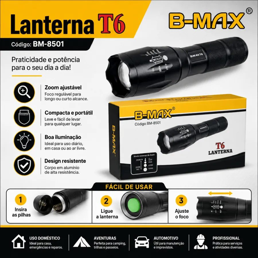 B-MAX T6手电筒，强光LED，便携式，黑色