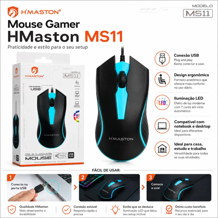 HMASTON游戏鼠标 MS11 USB有线鼠标，黑色，适合游戏和办公