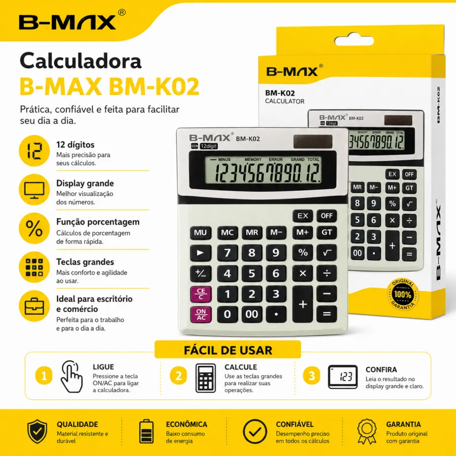 B-MAX BM-K02 12位大显示计算器，适合学生和办公使用