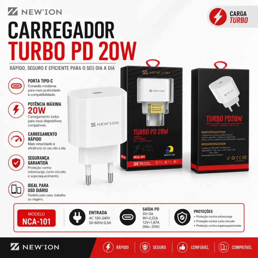 NEWION 20W Turbo PD快充充电器 NCA-101，适用于多种设备，快速充电，便携设计