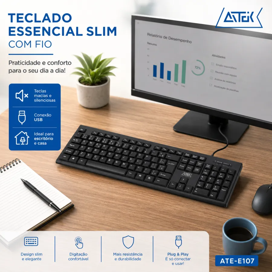 ATEK 纤薄有线键盘，黑色，适用于办公和游戏