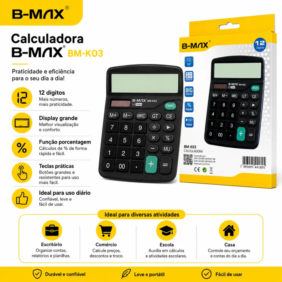 B-MAX BM-K03 12位大屏计算器，适合学生和办公使用