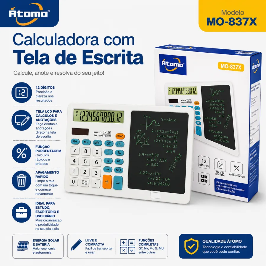Átomo MO-837X 12位数科学计算器，适合学生和专业使用，带多种计算功能
