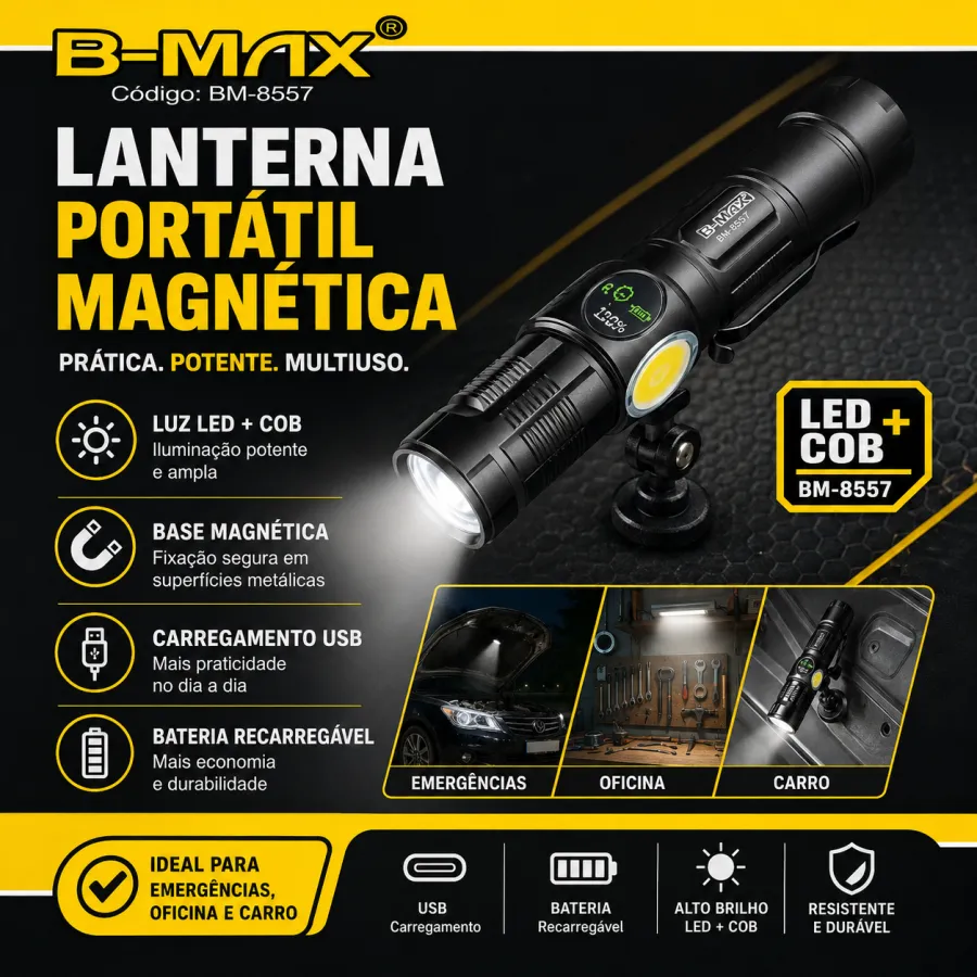 B-MAX 磁性便携手电筒 LED COB 亮度调节