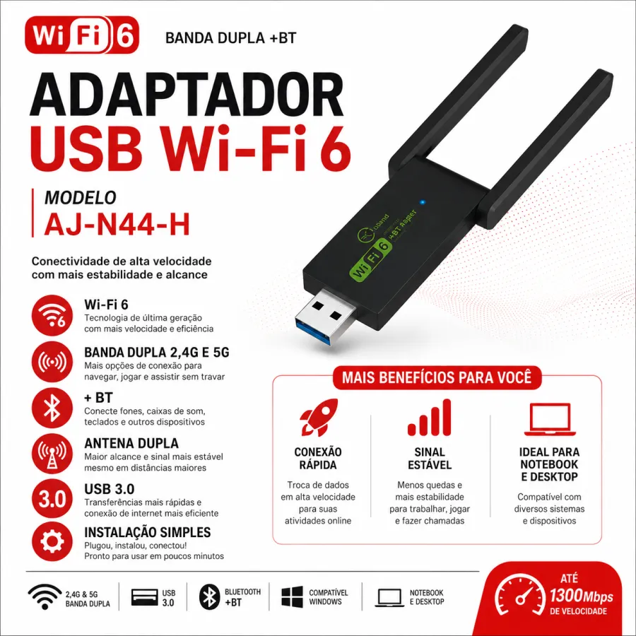 AJ-N44-H USB适配器，双频WiFi 6，支持蓝牙，速度高达1300Mbps