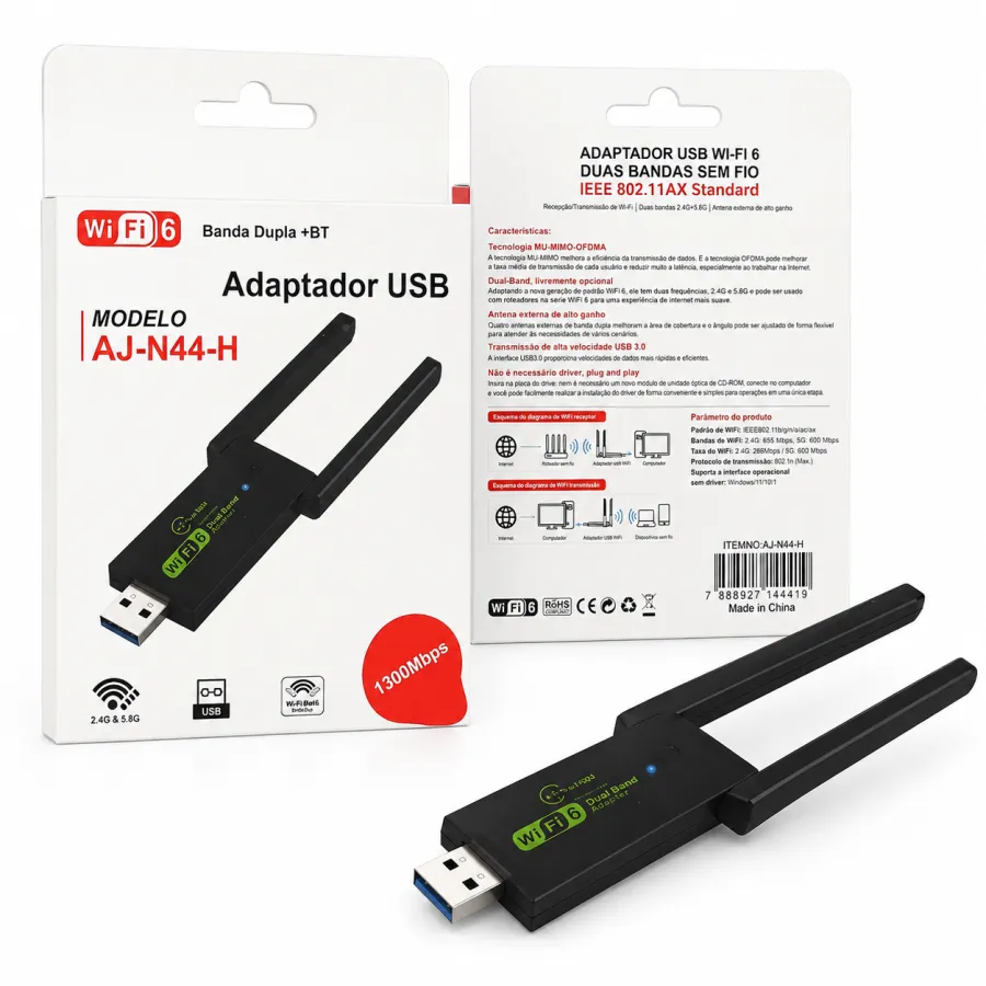 AJ-N44-H USB适配器，双频WiFi 6，支持蓝牙，速度高达1300Mbps
