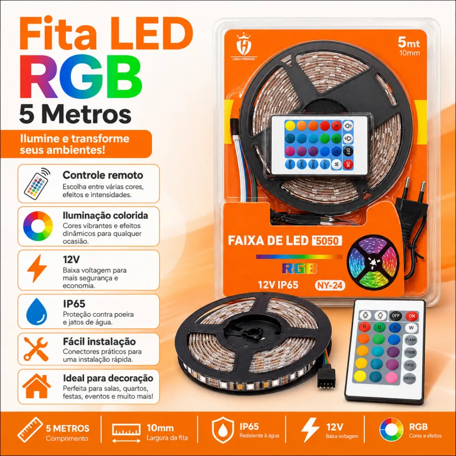 5050 LED灯带，5米，RGB色彩，12V IP65防水，带遥控器