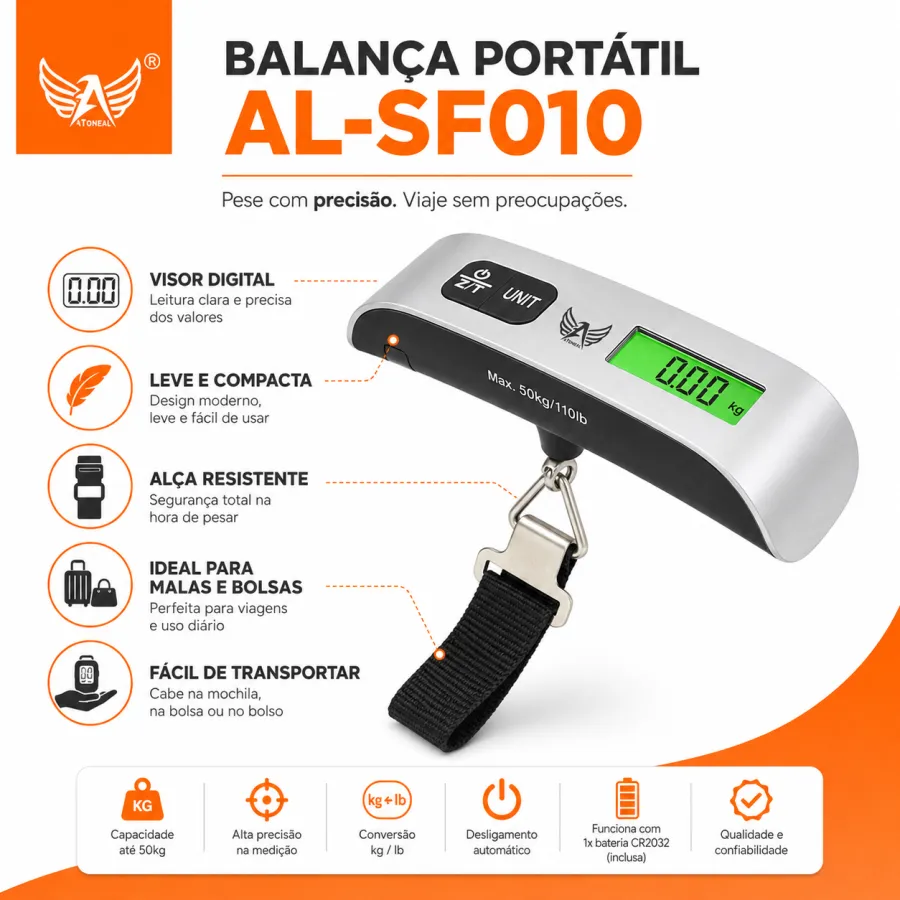 便携式电子秤 AL-SF010，适用于行李称重，带背光显示，最大称重50kg