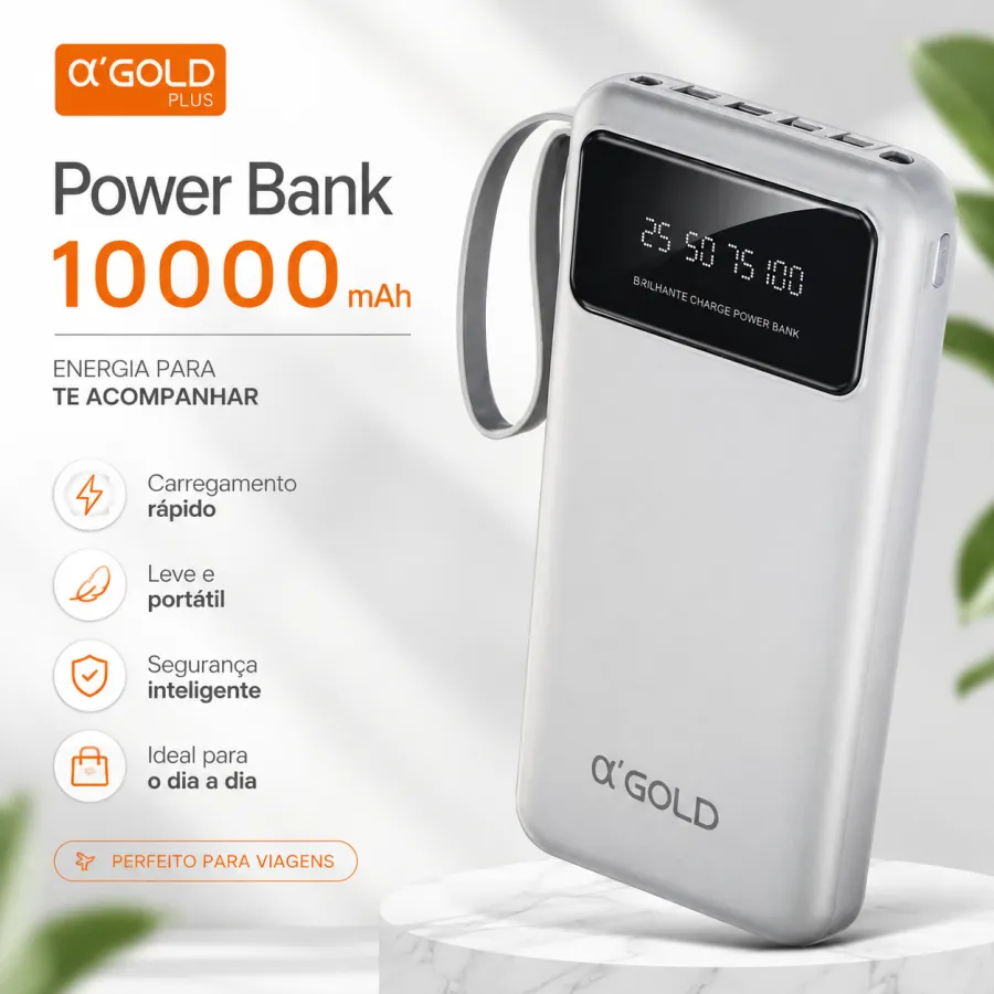 AGOLD 10000mAh移动电源，带LED显示，银色，快速充电