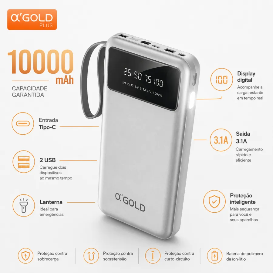 AGOLD 10000mAh移动电源，带LED显示，银色，快速充电