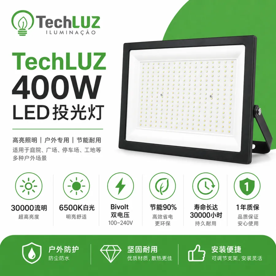 TechLuz 400W LED投光灯，超亮，节能90%，适用于室内外照明