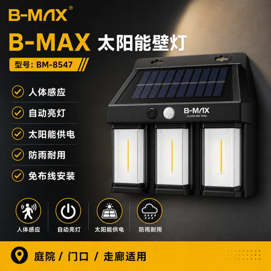 B-MAX 太阳能墙壁灯，带传感器，适合户外照明