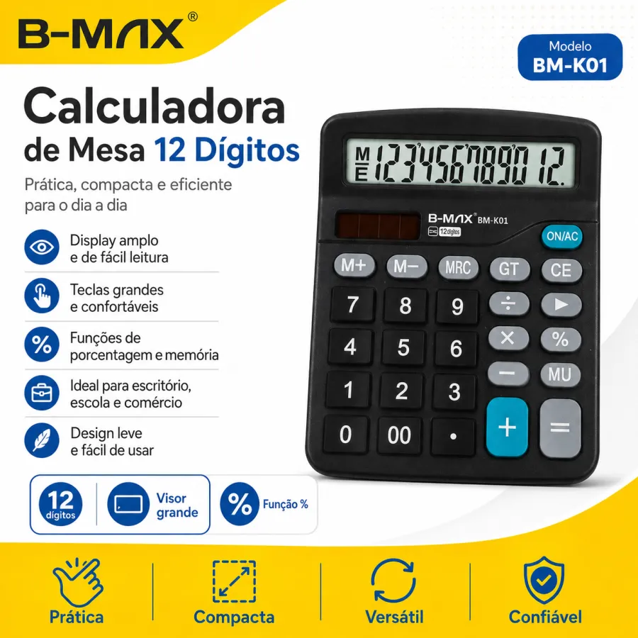 B-MAX BM-K01 12位计算器，适合学生和办公室使用，功能齐全，便携设计