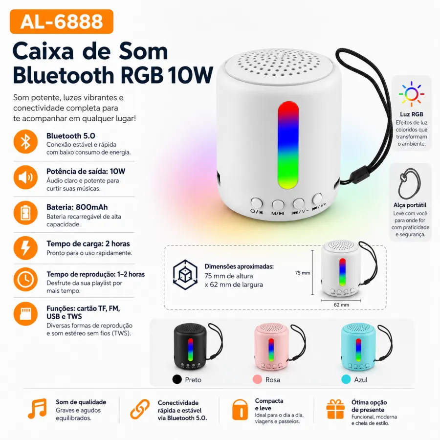 AL-6888 10W RGB蓝牙音响 500mAh 便携式音箱