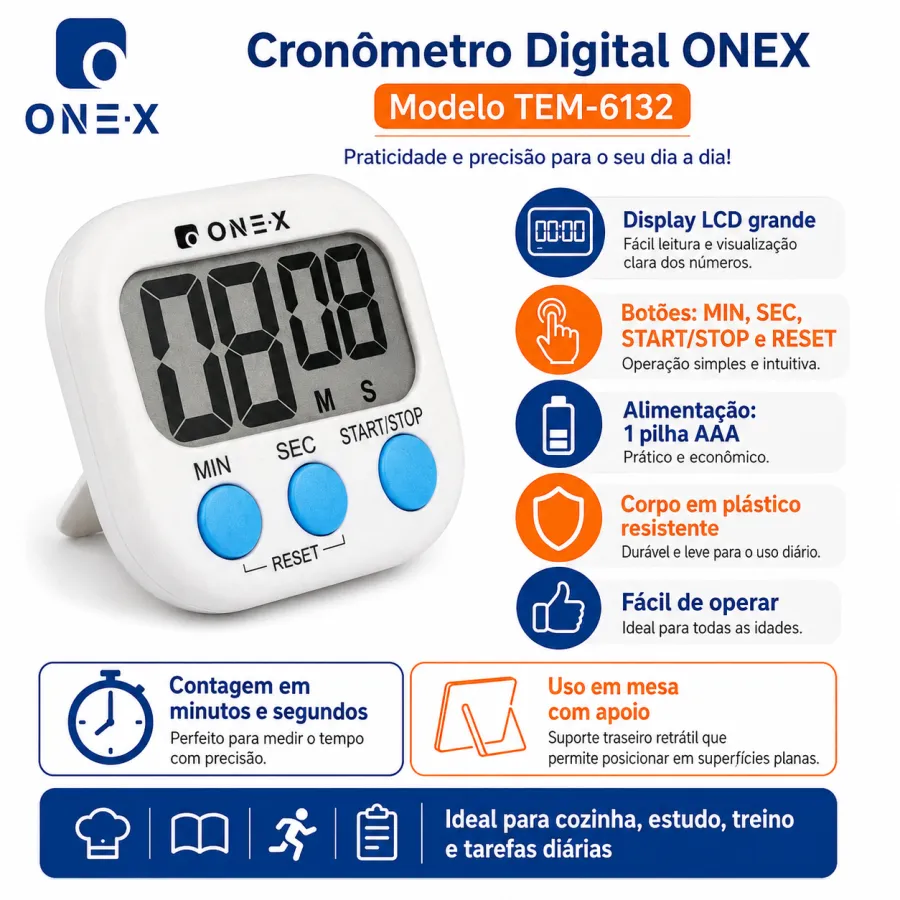 ONEX 计时器 TEM-6132，数字显示，便携式设计，适合厨房和运动