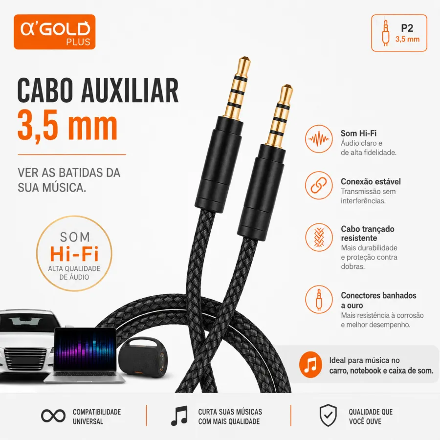αGOLD 3.5mm AUX音频线，黑色，HiFi音质，适用于手机和音响