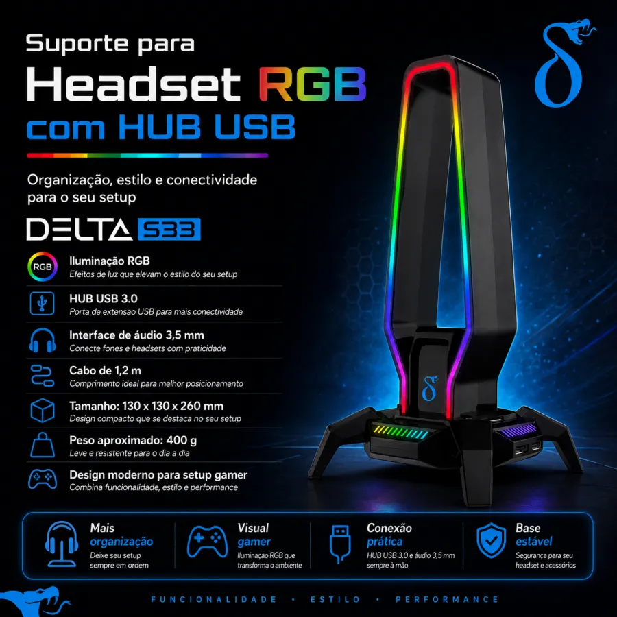 DELTA 683 RGB耳机支架，USB集线器，带3.0和3.5mm接口