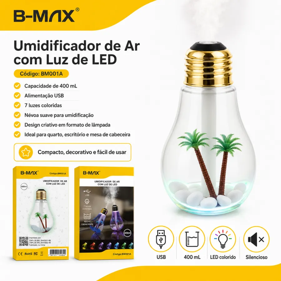B-MAX 600ml LED灯泡加湿器，带灯光，适合家庭和办公室使用