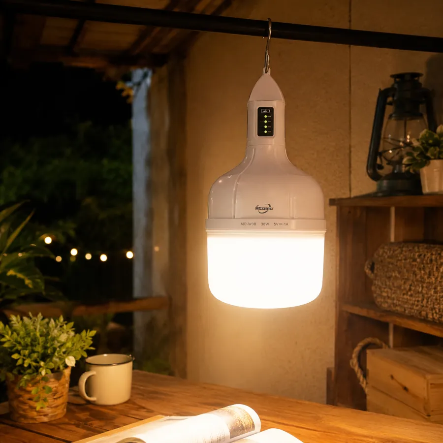 Atomo 38W LED灯泡，便携式可充电，18650锂电池，4000mAh，适用于户外照明