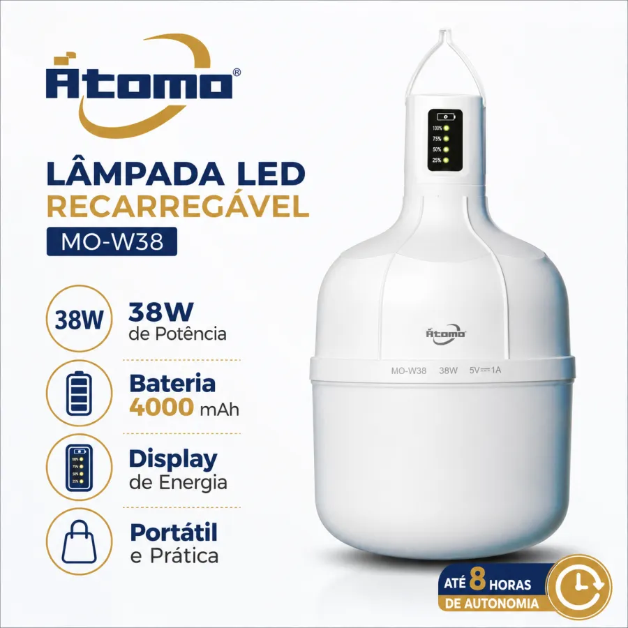 Atomo 38W LED灯泡，便携式可充电，18650锂电池，4000mAh，适用于户外照明