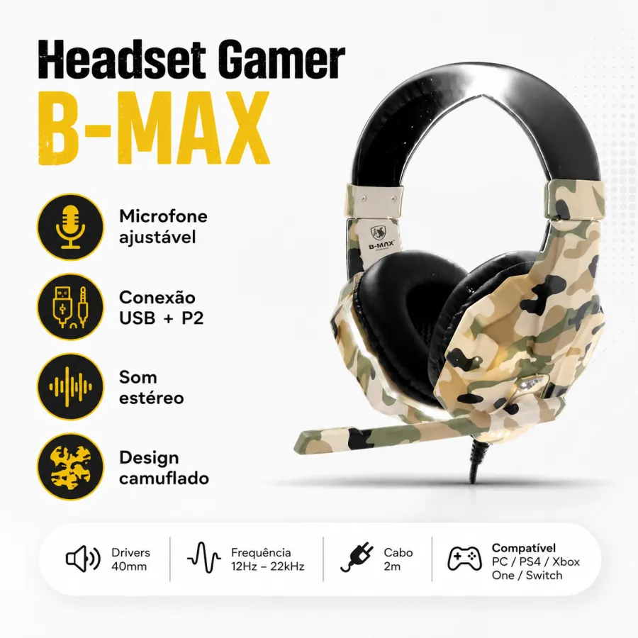 B-MAX游戏耳机，带LED灯，USB连接，音量控制，舒适佩戴