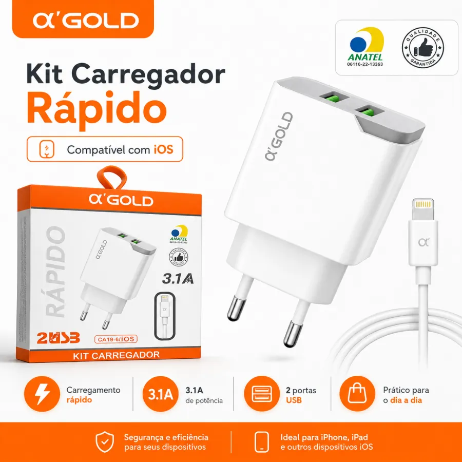 α'GOLD 3.1A快充充电器套装，双USB接口，适用于iOS设备