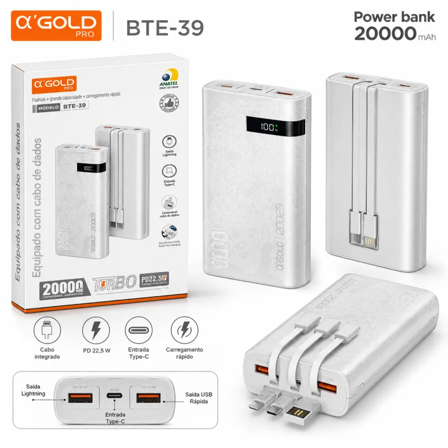 α'GOLD PRO移动电源，20000mAh，快速充电，带数据线