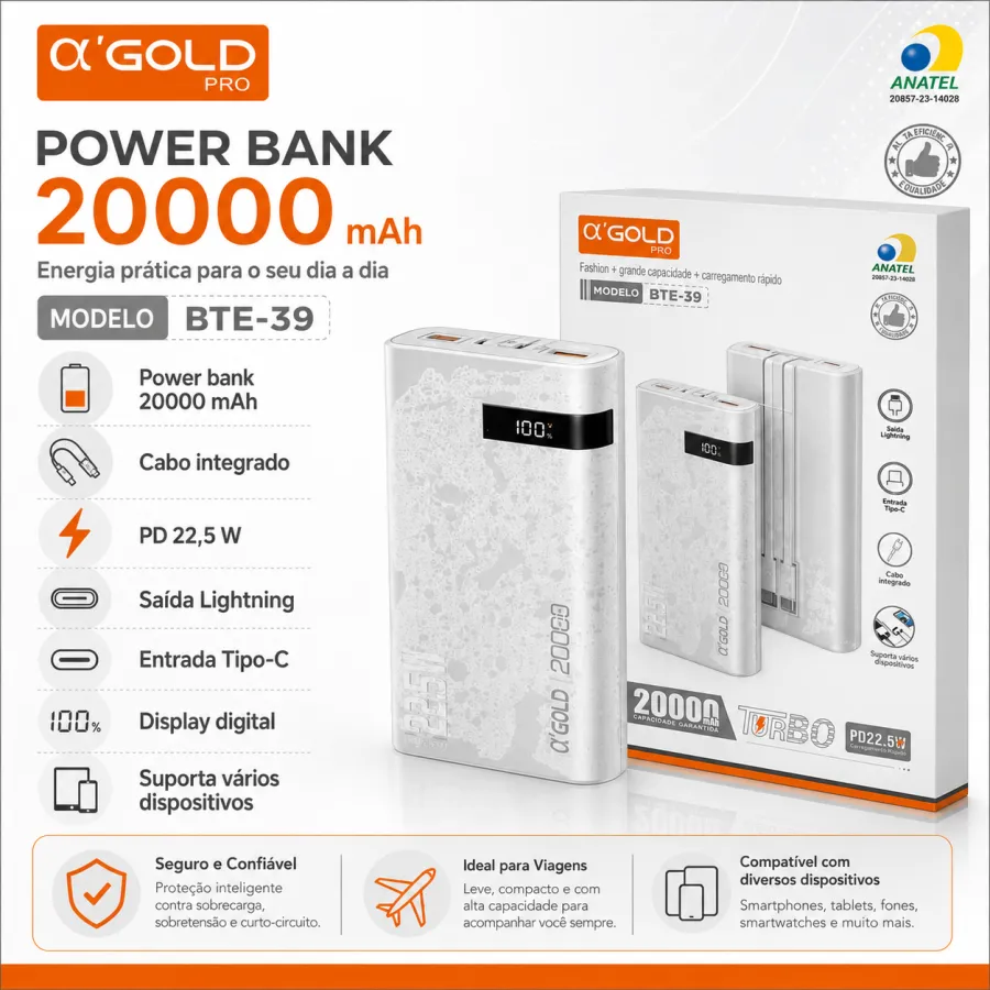 α'GOLD PRO移动电源，20000mAh，快速充电，带数据线