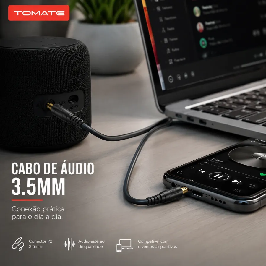 TOMATE 3.5mm音频线，适用于各种设备，黑色，1米