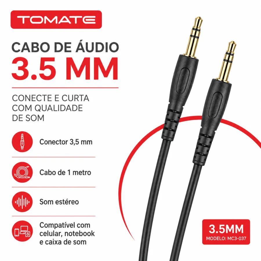 TOMATE 3.5mm音频线，适用于各种设备，黑色，1米