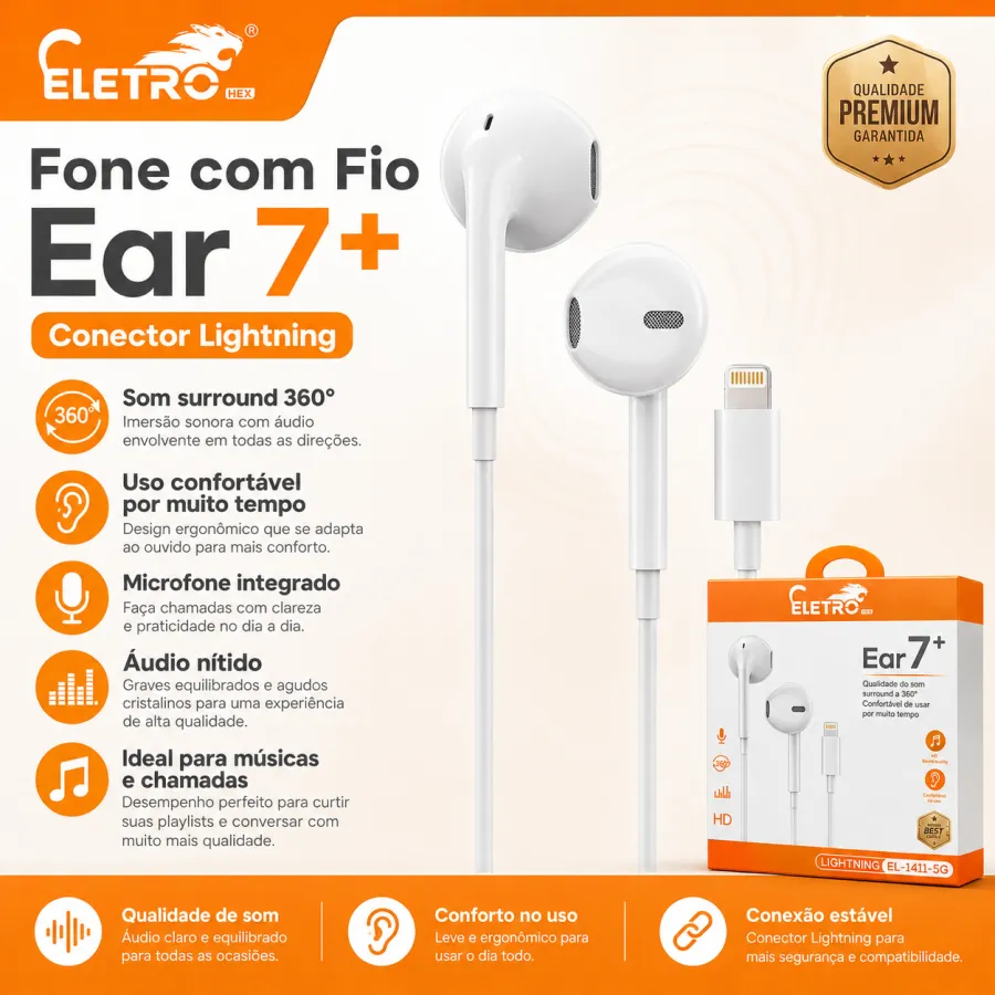 El-1411-5g ELETRO Ear7+ 360度环绕音效耳机，Lightning接口，舒适佩戴，适用于长时间使用