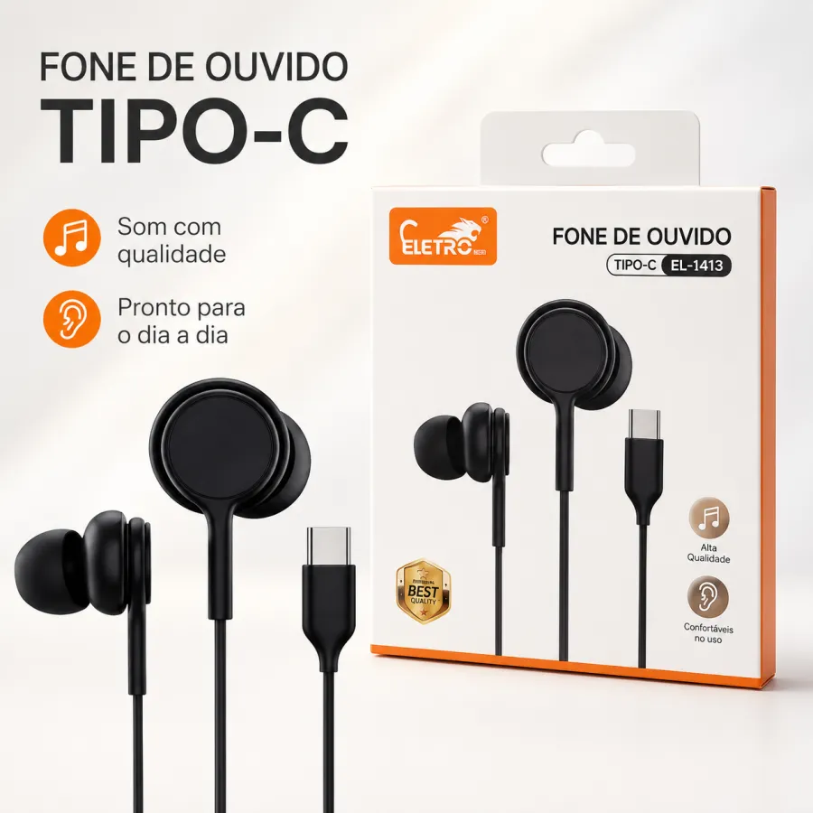 Eletro耳机 Tipo-C EL-1413，黑色，适用于手机，音质清晰