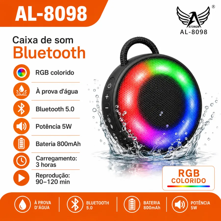 AL-8098蓝牙音箱，防水设计，5W功率，800mAh电池，RGB灯光，支持TF/USB/FM/TWS