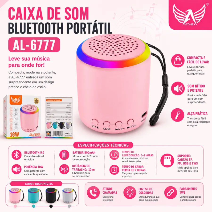 ALTOMEX 10W蓝牙音箱 AL-6777，粉色，便携式，支持多种播放模式