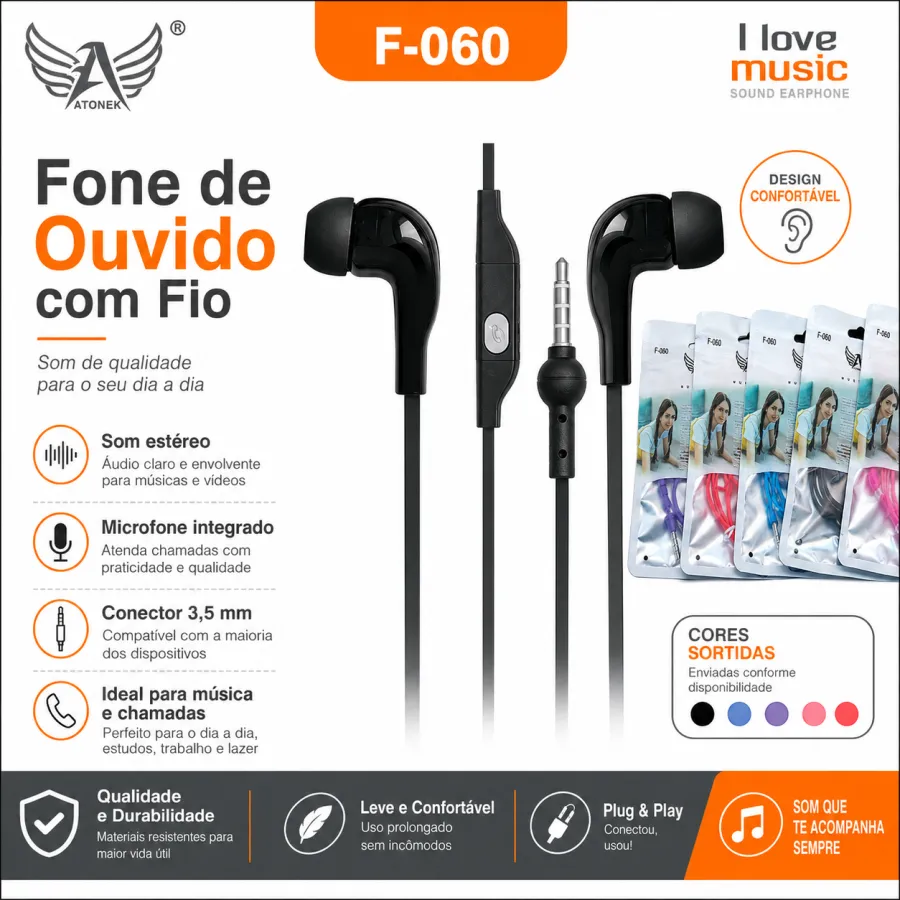 音乐耳机 F-060，黑色，3.5mm插头，兼容多种设备