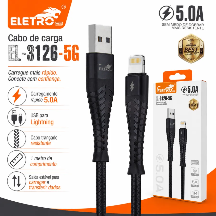 Eletro 5A快充数据线，1米，黑色，耐用设计