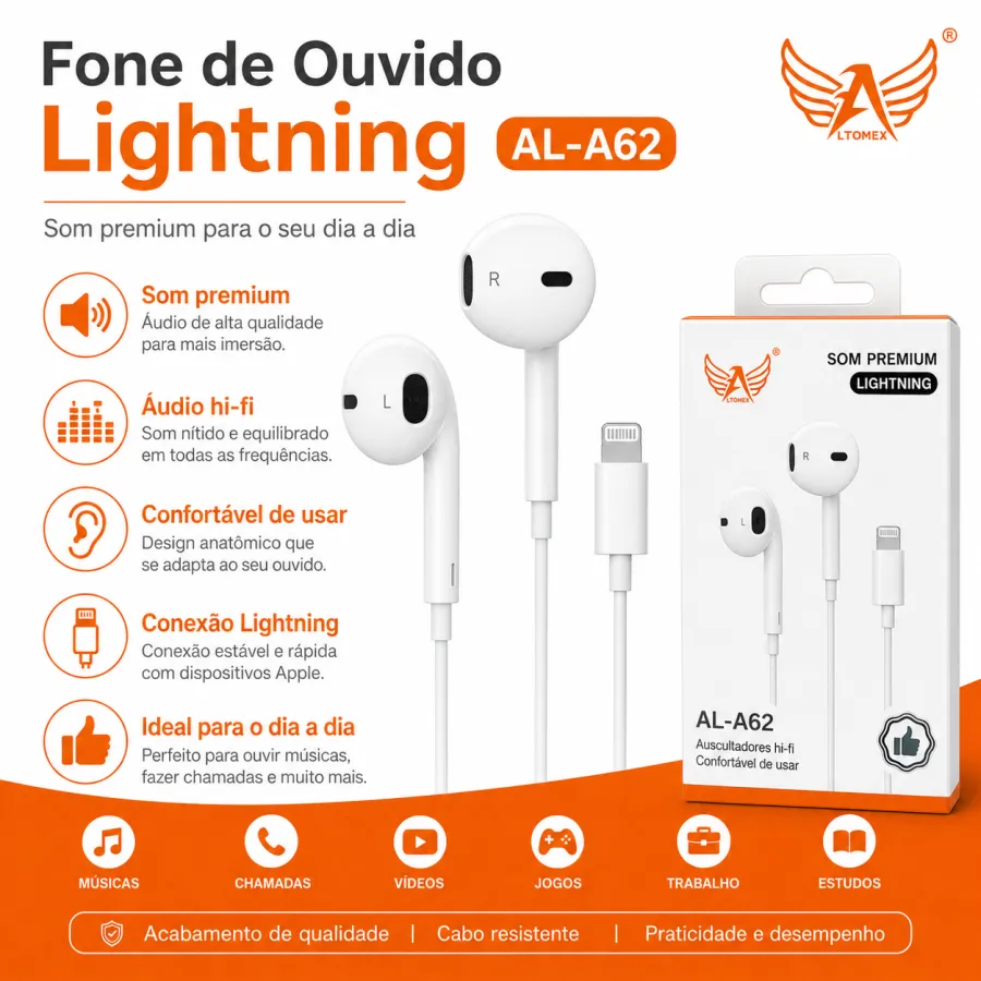 Ltomex AL-A62 Lightning 耳机，Hi-Fi 音质，舒适佩戴，适用于苹果设备
